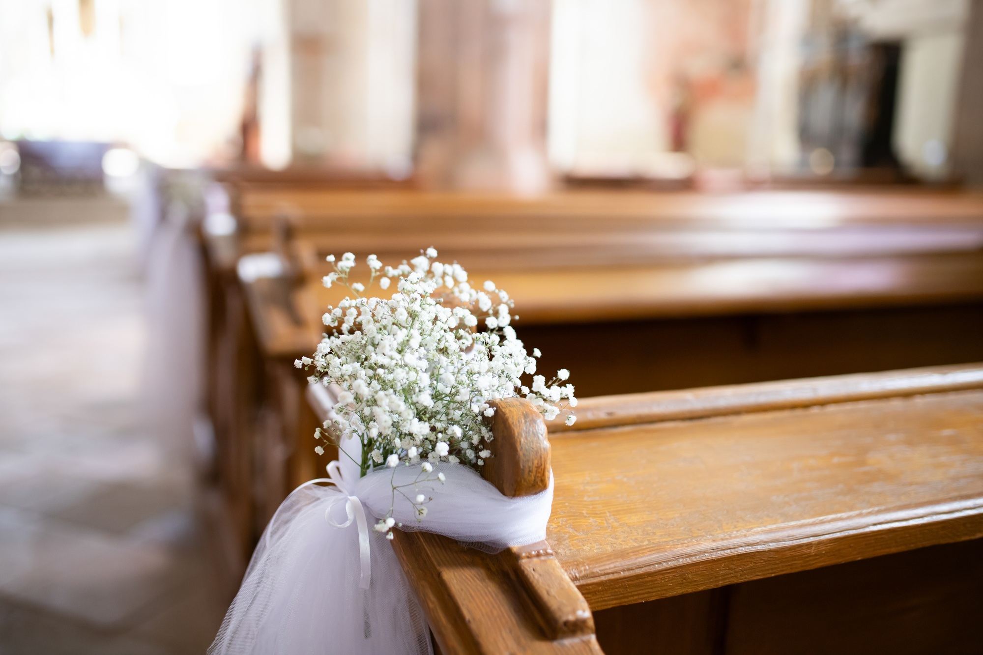 Beautiful flowers wedding decoration in a church